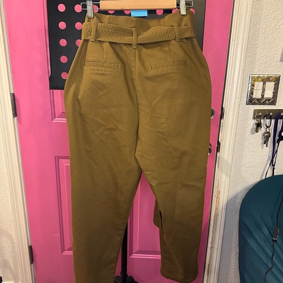 A Brand New Day- high waisted, brown, cotton pants, pleated with tie belt. - Picture 2 of 2